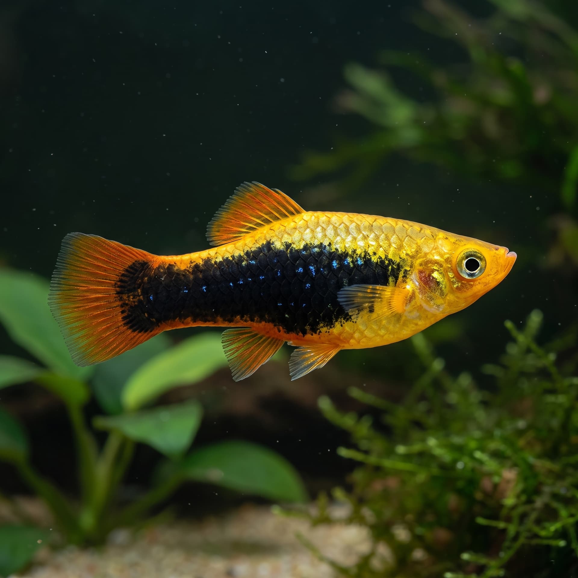 Platy Hawaii met goudgeel lijf, zwarte flankband en oranje vinnen, zwemmend voor donkergroen blad.