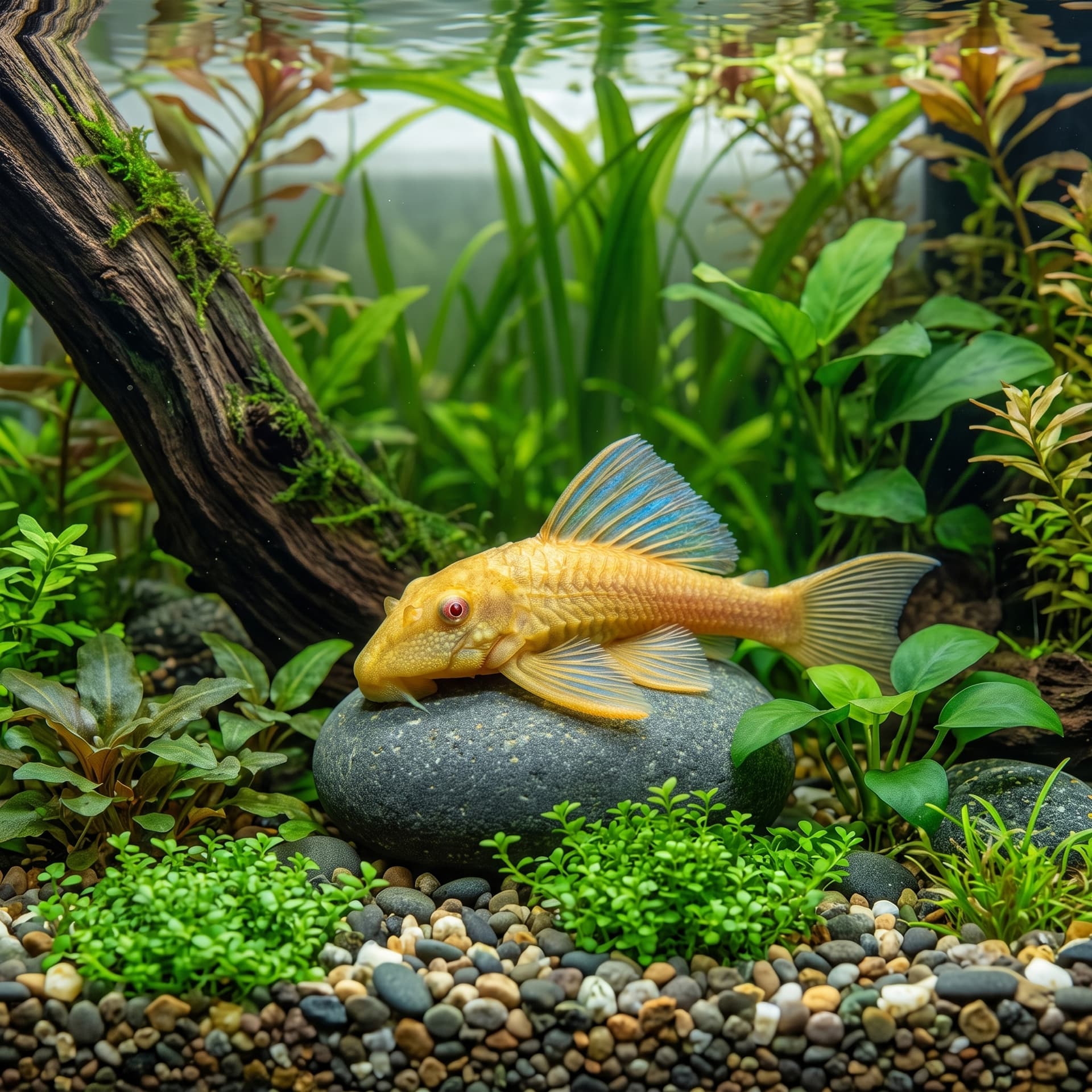 Hypostomus plecostomus Gold, geelgouden harnasmeerval met rode ogen, liggend op een ronde steen