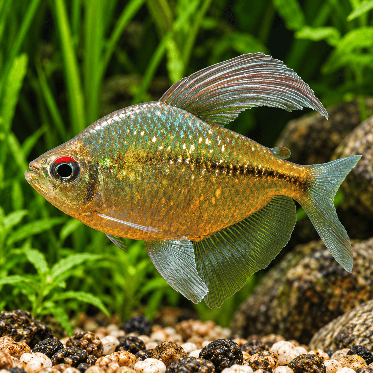 Diamant Zalm met glinsterende goudgroene schubben, rood oog en lange doorschijnende vinnen