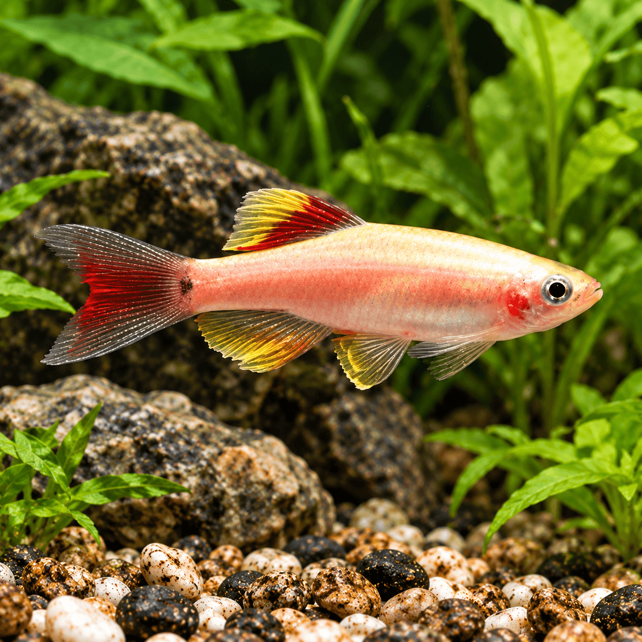 Chinese Danio var. goudwit met roze-wit lijf, rode staart en geelrode rugvin