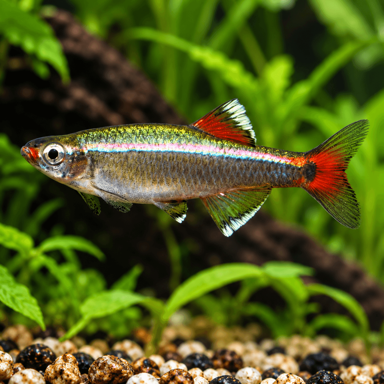 Chinese Danio met bronsgroen lijf, glanzende lengtestreep en rode staart- en rugvin