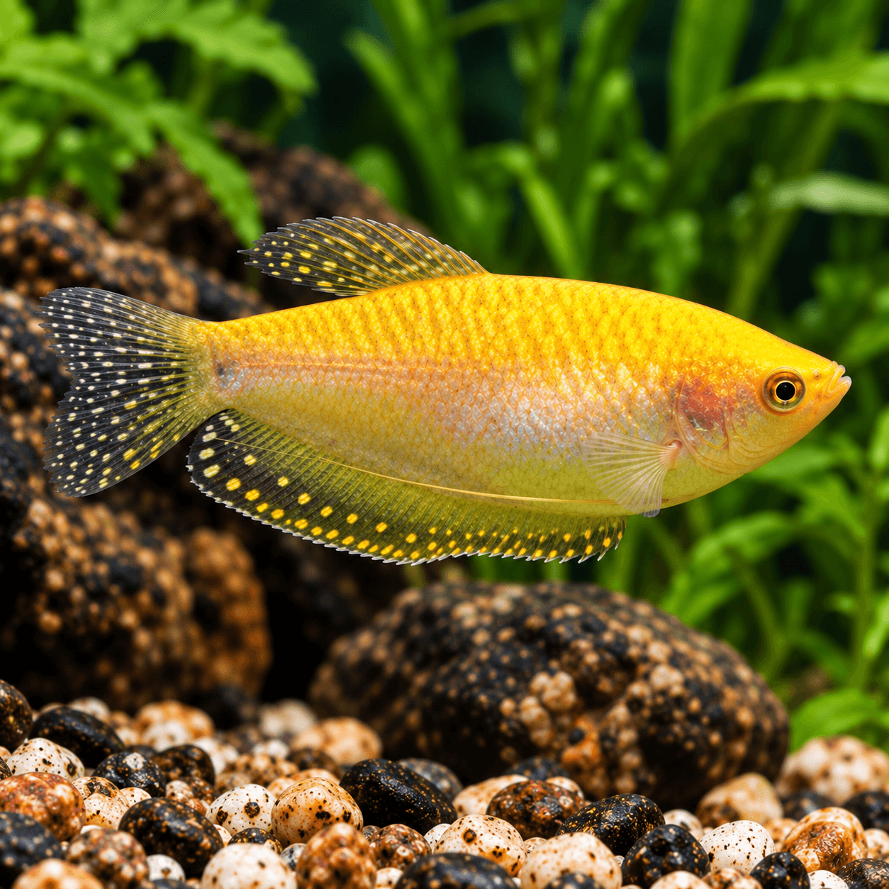 Goud Gourami met goudgeel lijf en zwartgestippelde vinnen boven bont grind
