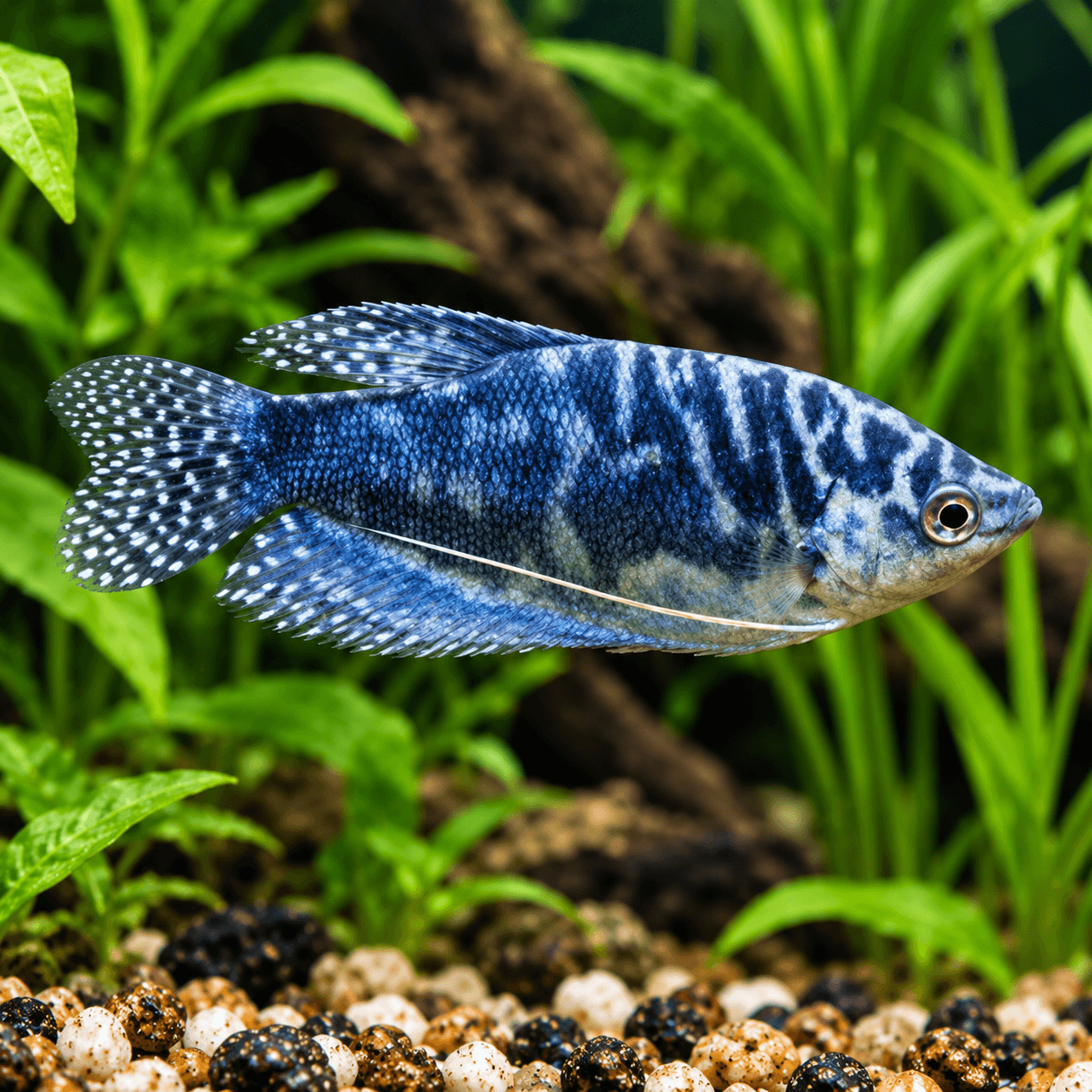 Marmer Gourami met blauw lijf vol donkere marmervlekken en witgestippelde vinnen
