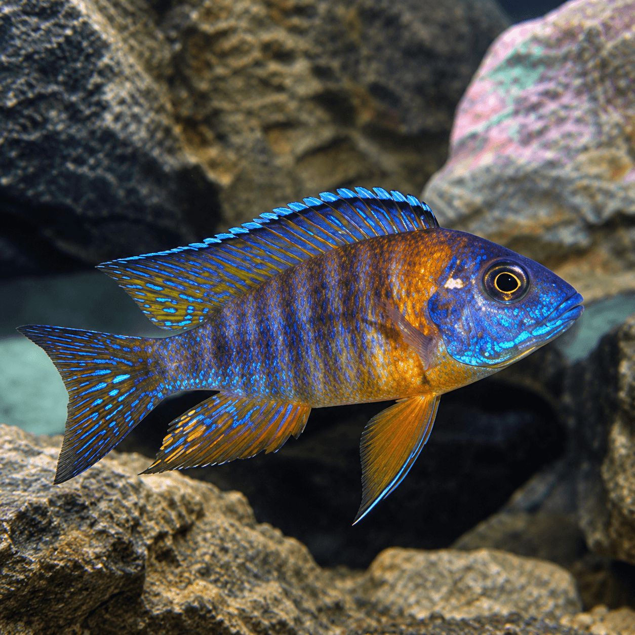 Aulonocara Calico Super Red met blauwe kop en vinnen en oranjerood lijf tussen rotsen
