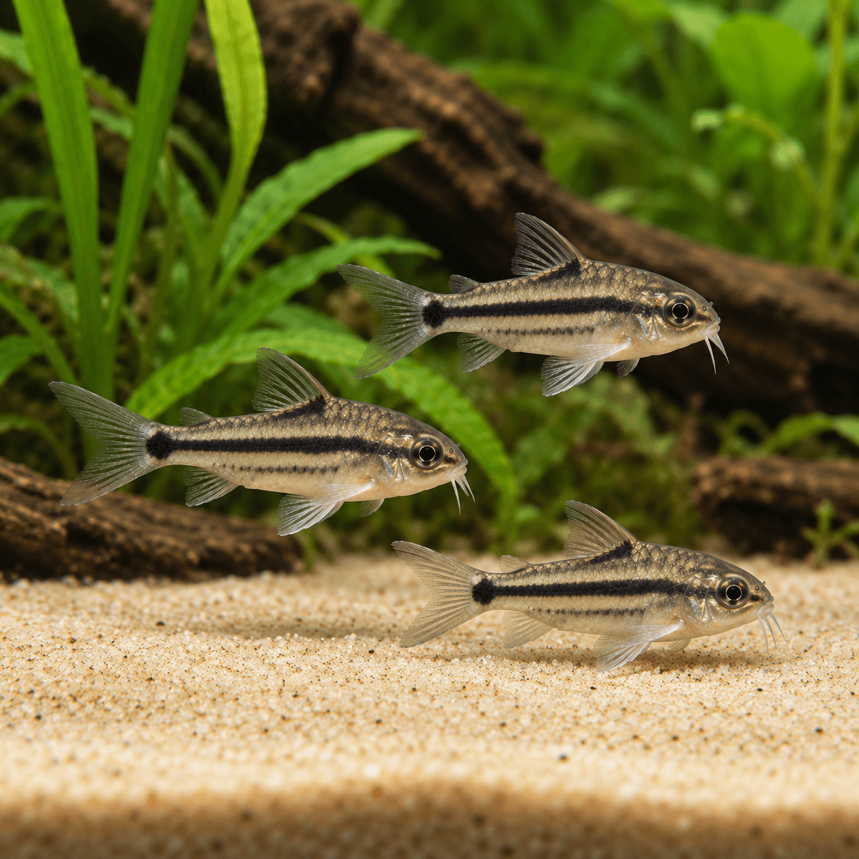 Drie Corydoras Pygmaeus, kleine zilvergrijze pantsermeervalletjes met zwarte lengtestreep boven zand