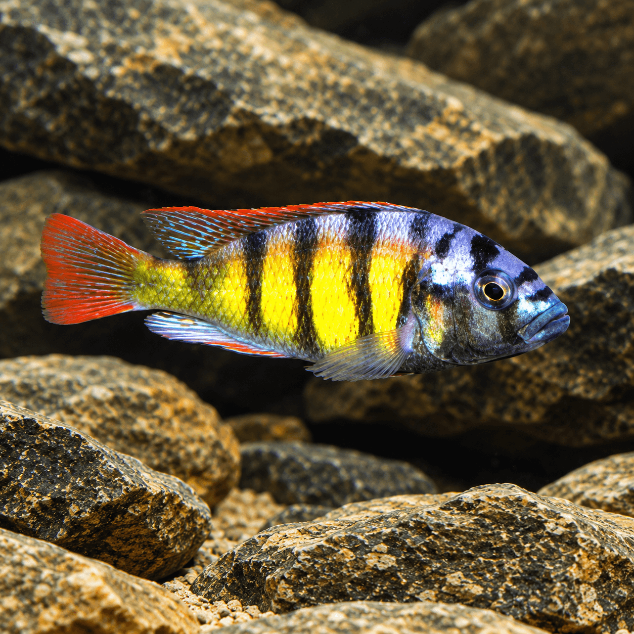 Haplochromis Migori CH44, mannetje met gele flanken, zwarte dwarsbanden, blauwe kop en rode staart tussen stenen