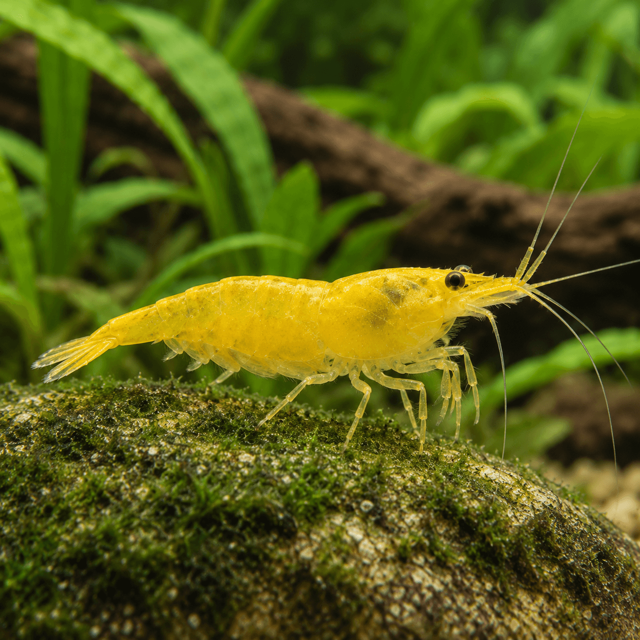 Yellow Cherry Garnaal, felgele dwerggarnaal met lange voelsprieten op een bemoste steen