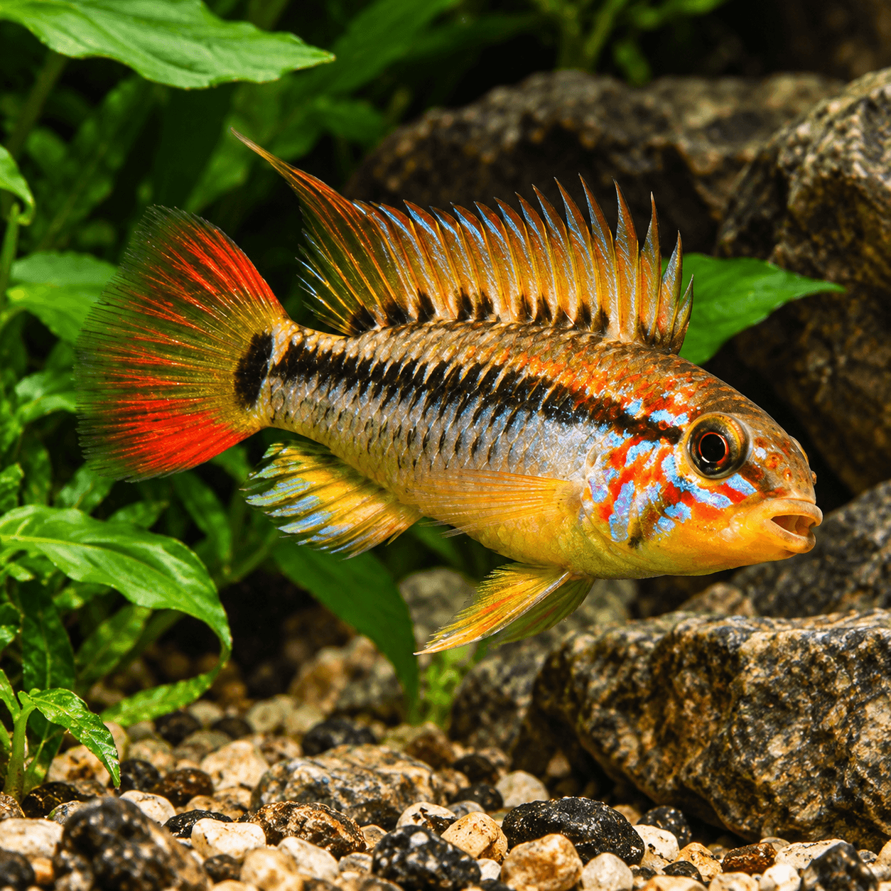 Apistogramma Macmasteri met geeloranje lijf, blauwe wangstrepen, hoge rugvin en rode staart