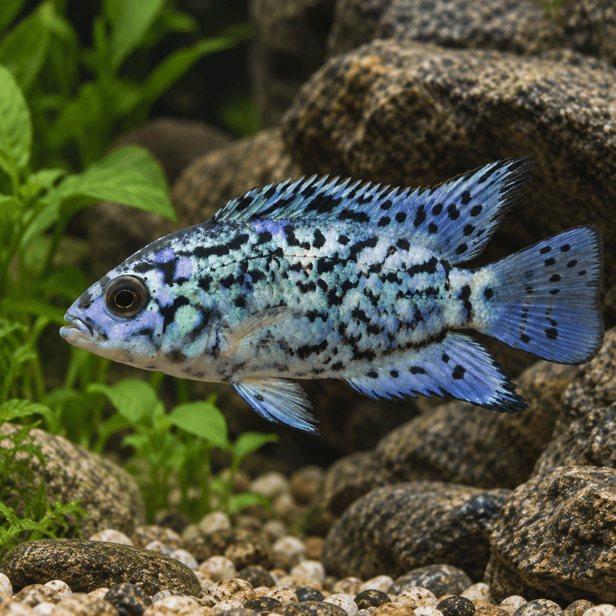 Blue Jack Dempsey, cichlide met blauw lijf vol lichtblauwe spikkels tussen stenen