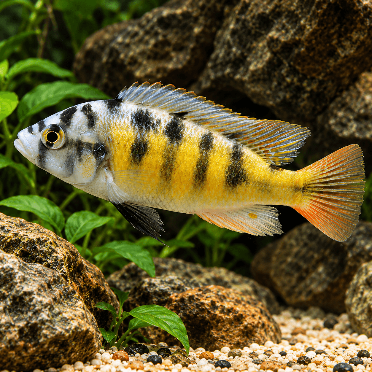 Haplochromis Migori CH44 met geel lijf, zwarte dwarsbanden en oranje staart tussen stenen