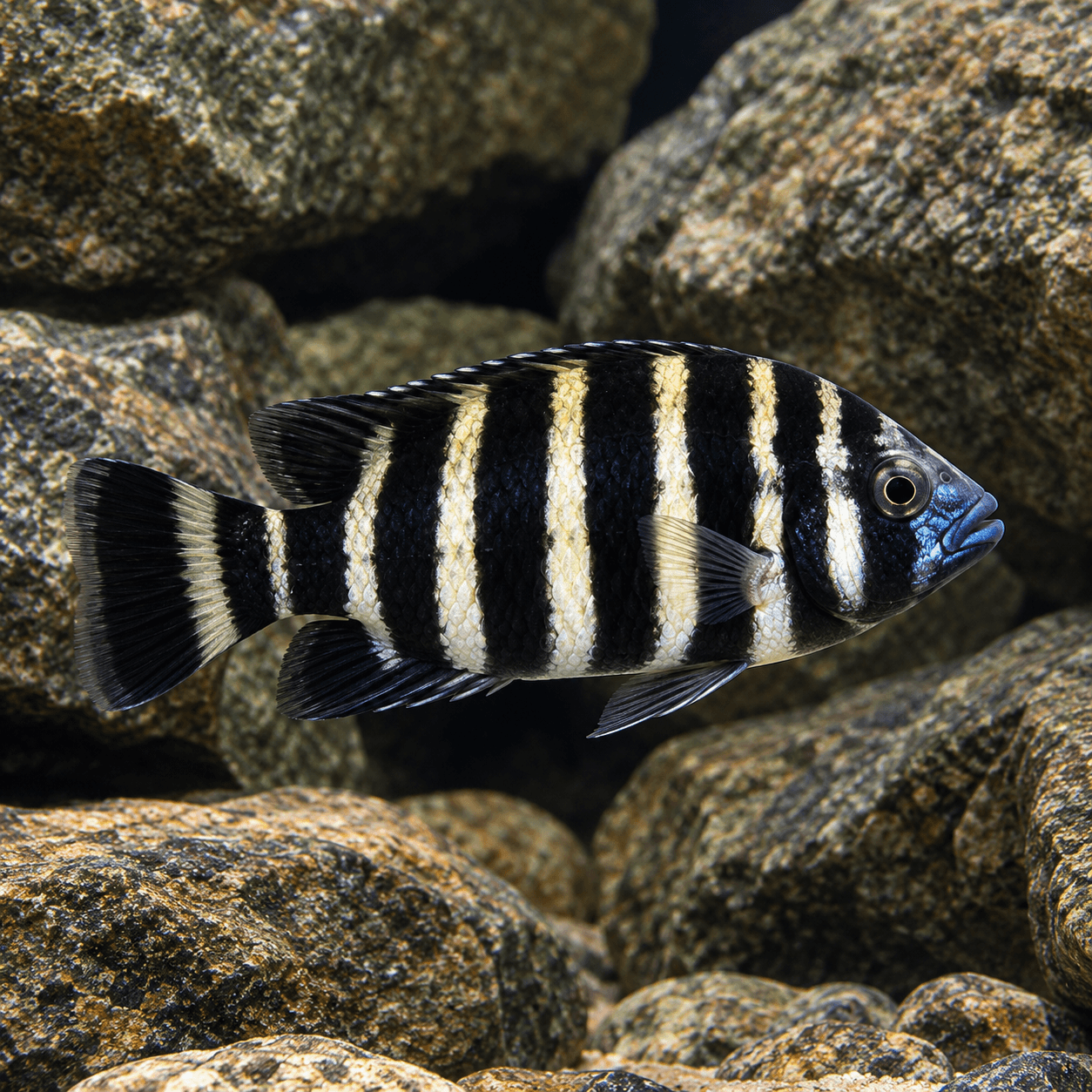 Zebra Tilapia met brede zwarte en witte dwarsbanden tussen donkere rotsen