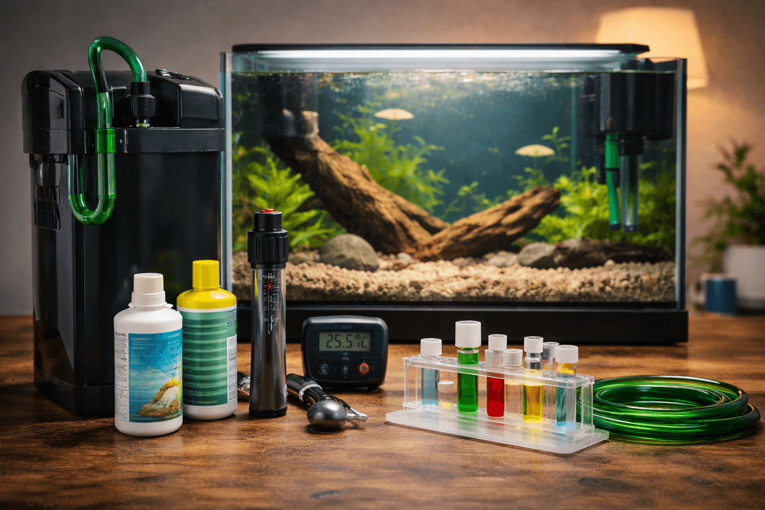 Essentiële aquariumtechniek zoals filter, verwarming en thermometer bij een aquarium