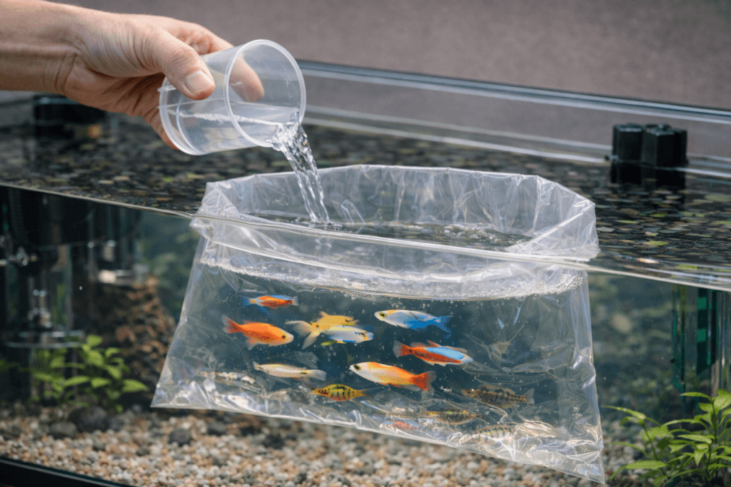 Aquariumwater wordt stap voor stap toegevoegd aan een open zak met aquarium vissen