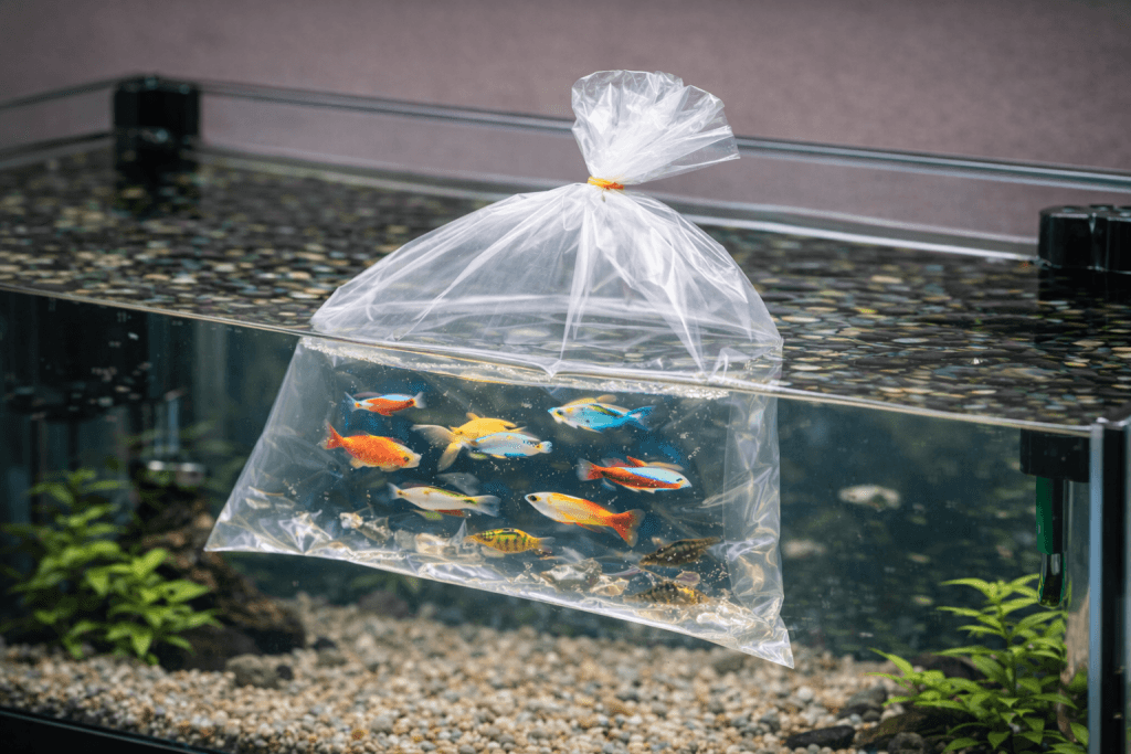 Zak met tropische aquarium vissen drijft op het water om temperatuur te laten aanpassen