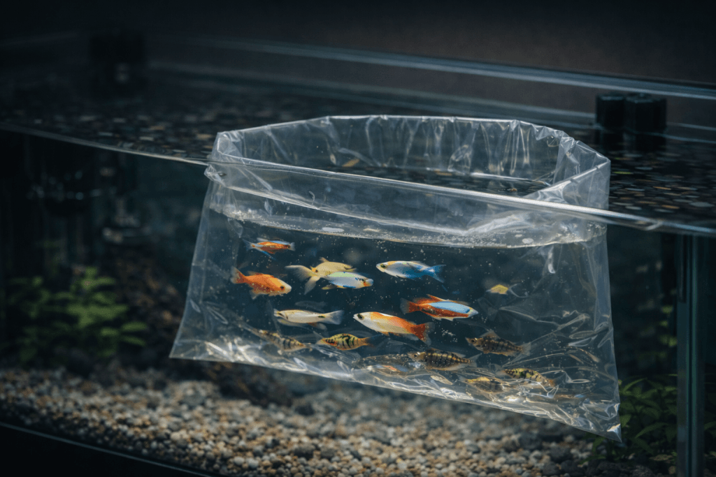 Aquarium vissen wennen rustig in een verdunde zak bij weinig licht en beweging