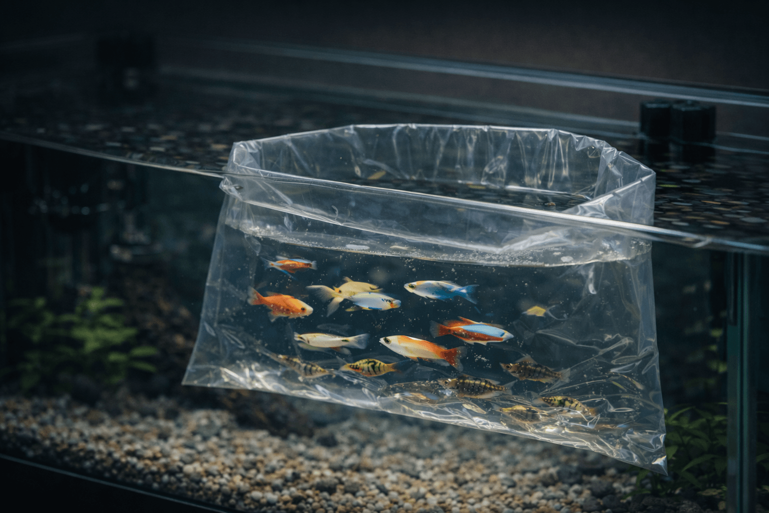 De vissen wennen rustig aan het nieuwe water