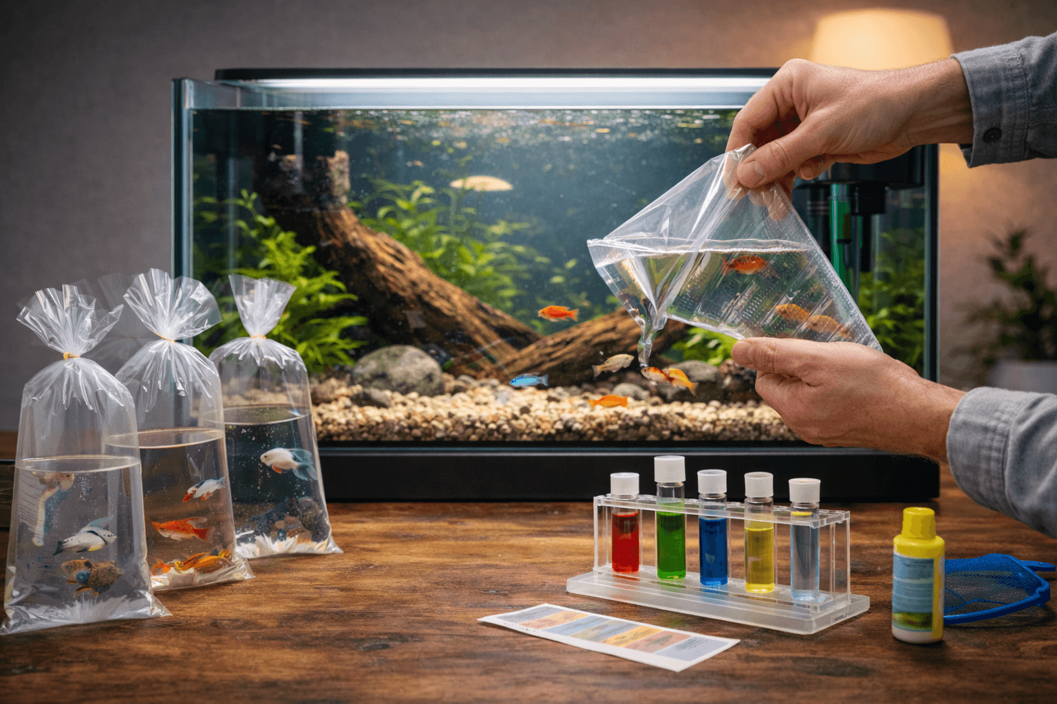Aquarium vissen worden voorzichtig in het aquarium geplaatst na de opstartfase