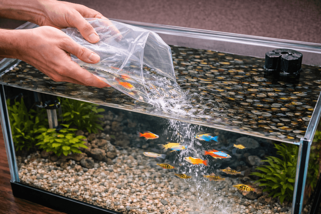 Aquarium vissen worden samen met water voorzichtig vanuit de zak in het aquarium overgezet